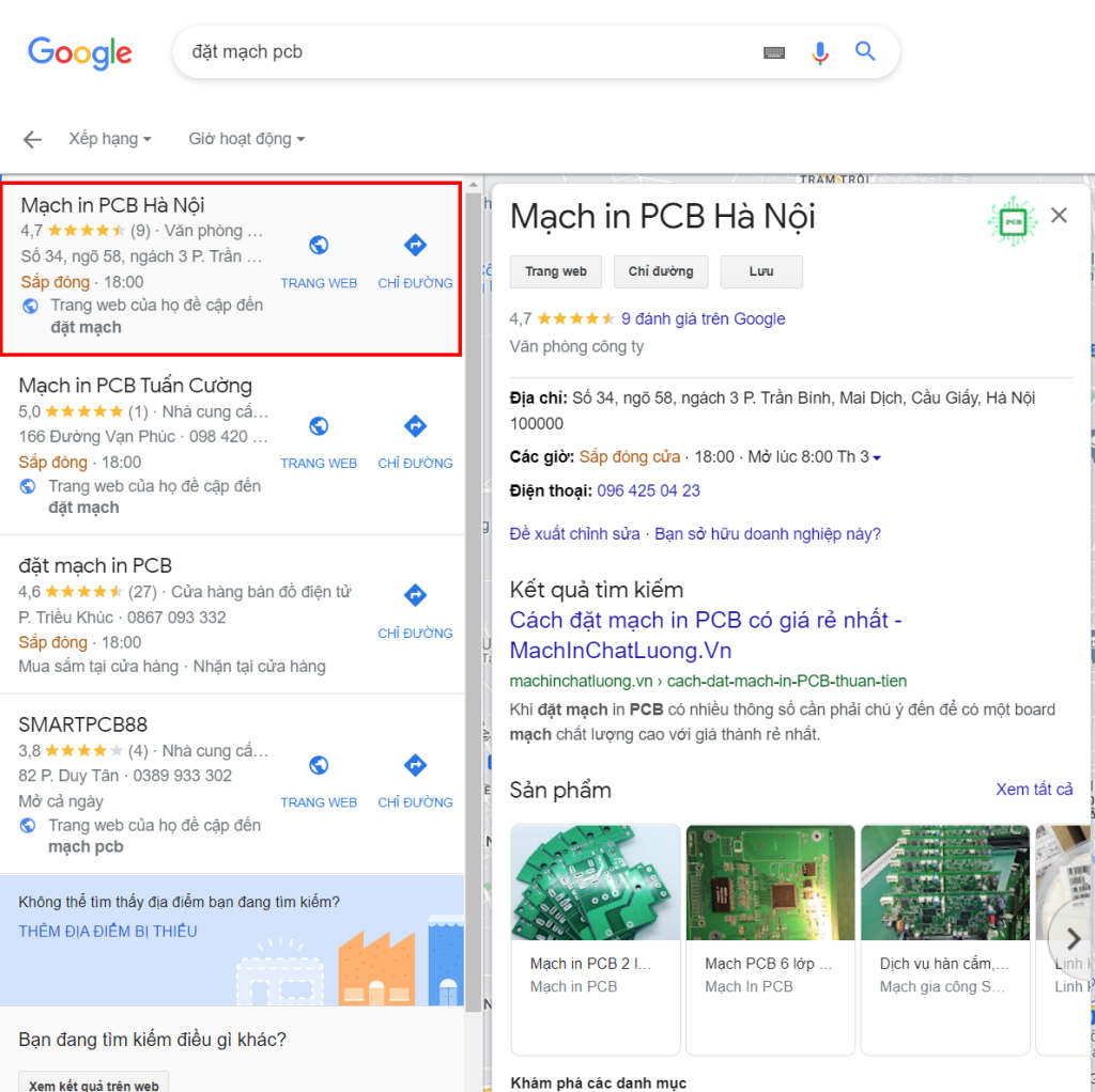 machinchatluong.vn ở ví trí đầu trong Google map tại Hà Nội